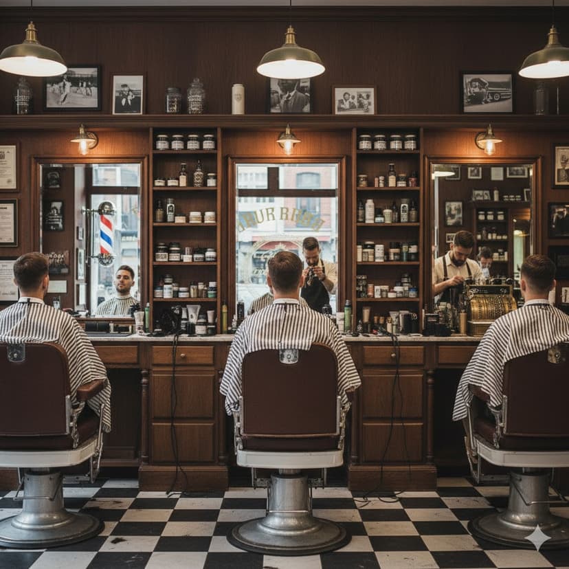 Classic barbershop interior with barber chairs and mirrors